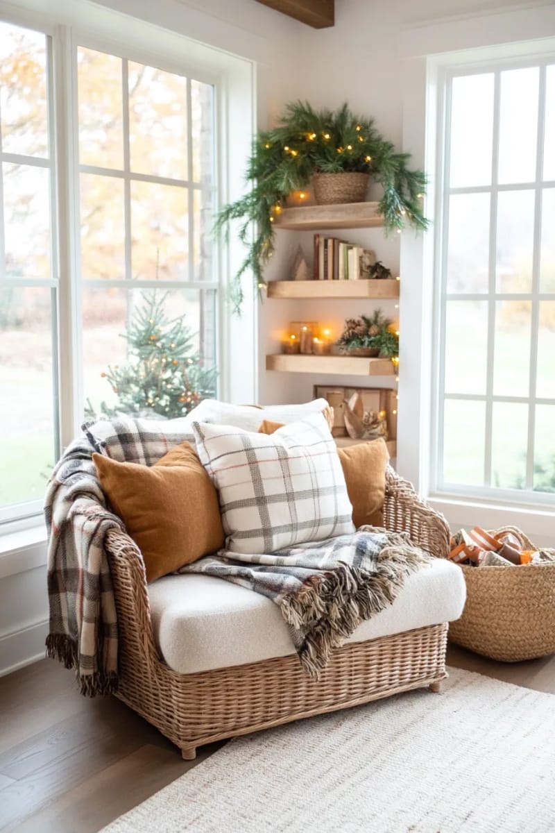 vintage wool blankets layered over a rattan reading nook under twinkling lights 1