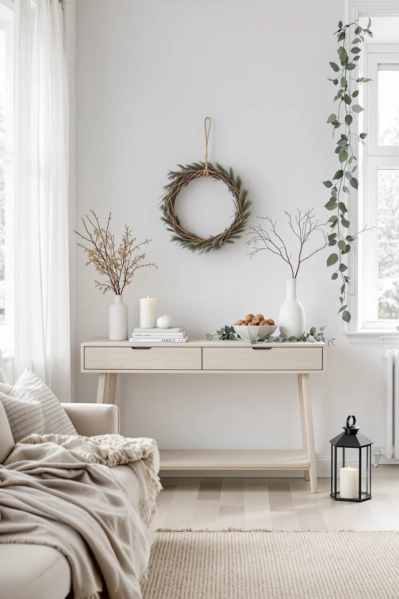 31 Elegant Minimalist Christmas Decor Ideas to Inspire 33 wall-mounted minimalist wreath made from a single pine branch 1