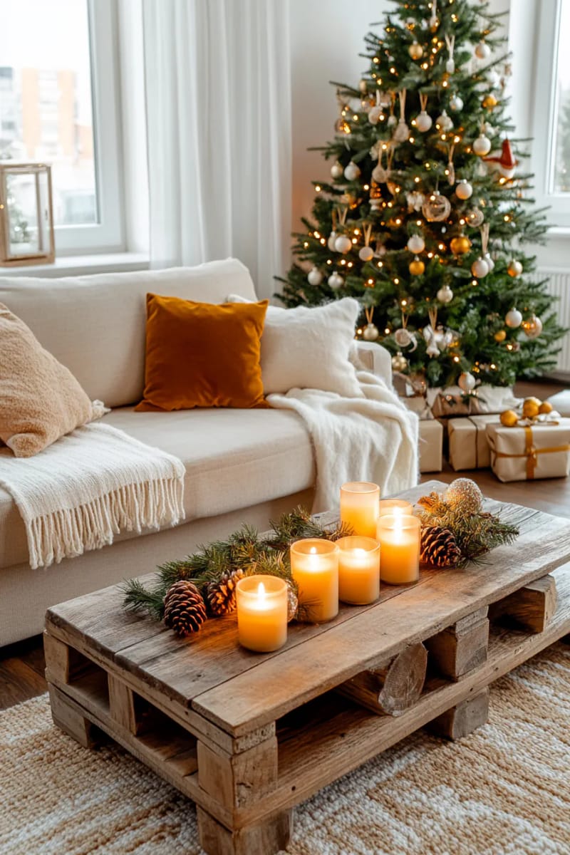 warm amber candles clustered on a reclaimed wood coffee table 1