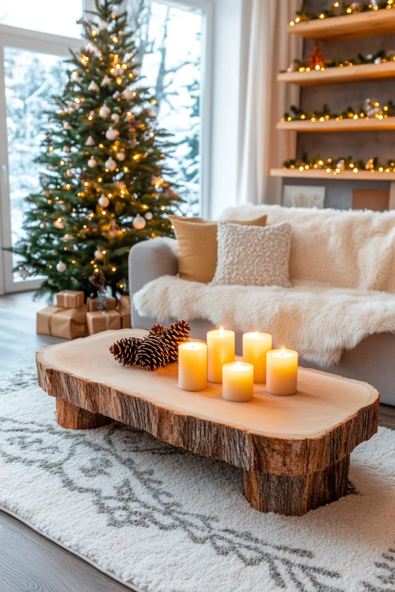 warm amber candles clustered on a reclaimed wood coffee table 1