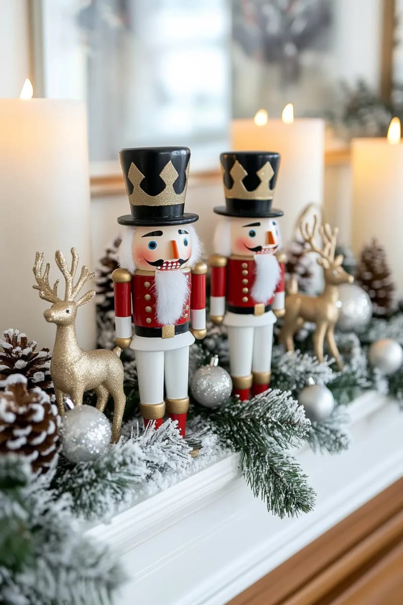whimsical nutcracker and reindeer figurines atop a snowy garland 1