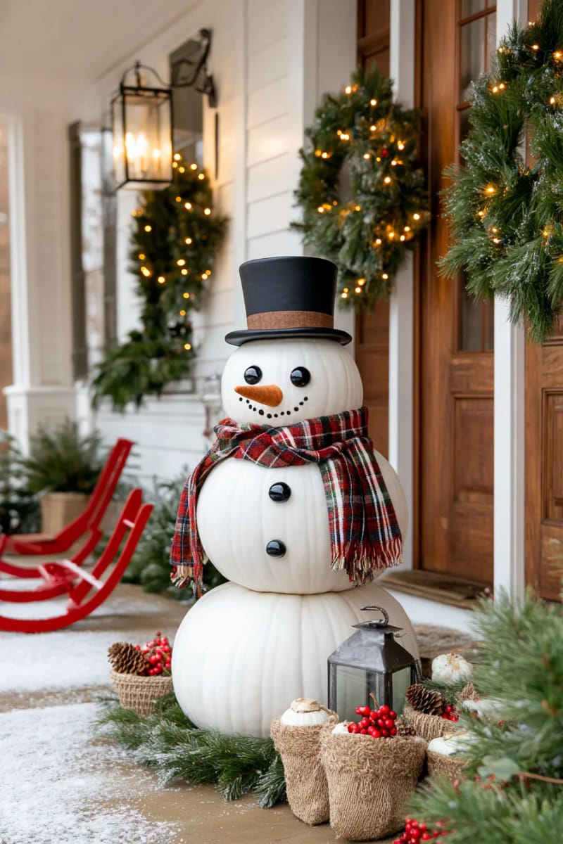 whimsical snowman figure made from stacked white pumpkins and scarf 1