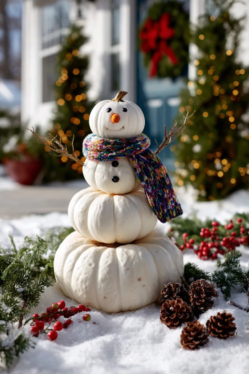 whimsical snowman figure made from stacked white pumpkins and scarf 1