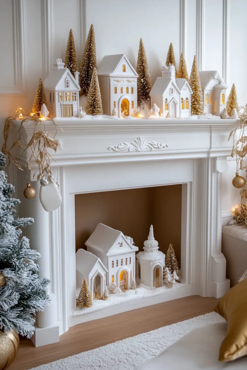 white and gold christmas village scene inside the fireplace opening 1