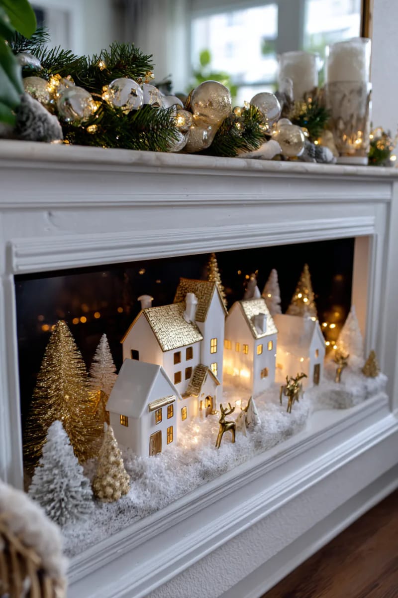 white and gold christmas village scene inside the fireplace opening 1
