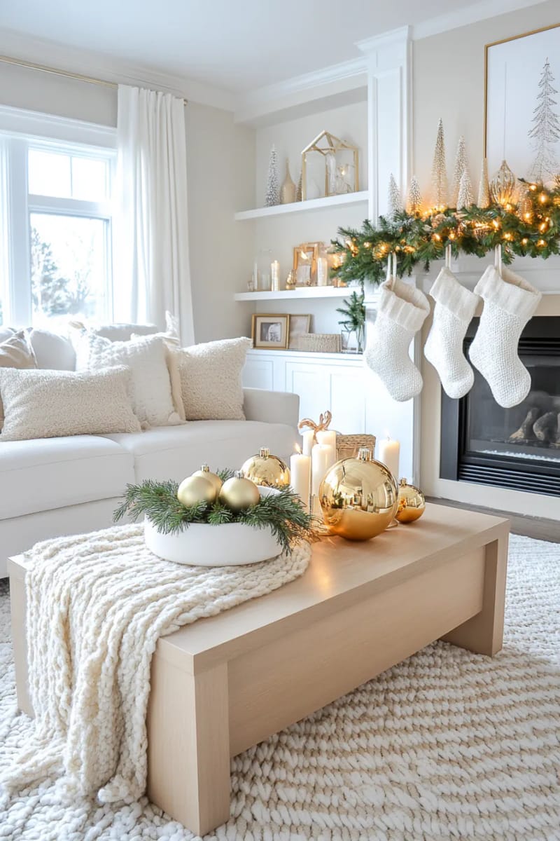 white and gold neutral decor with eucalyptus garland and metallic candle holders 1