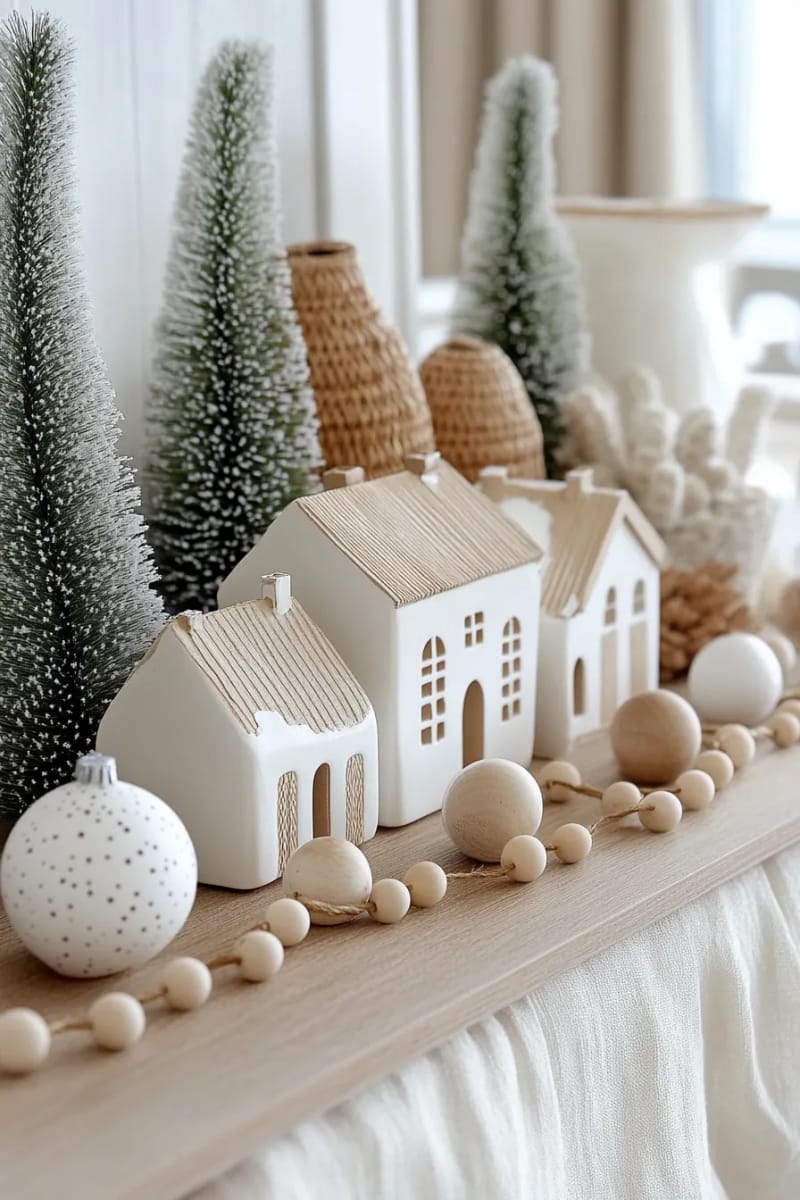 white ceramic houses with mini pine trees and wooden bead garlands 1