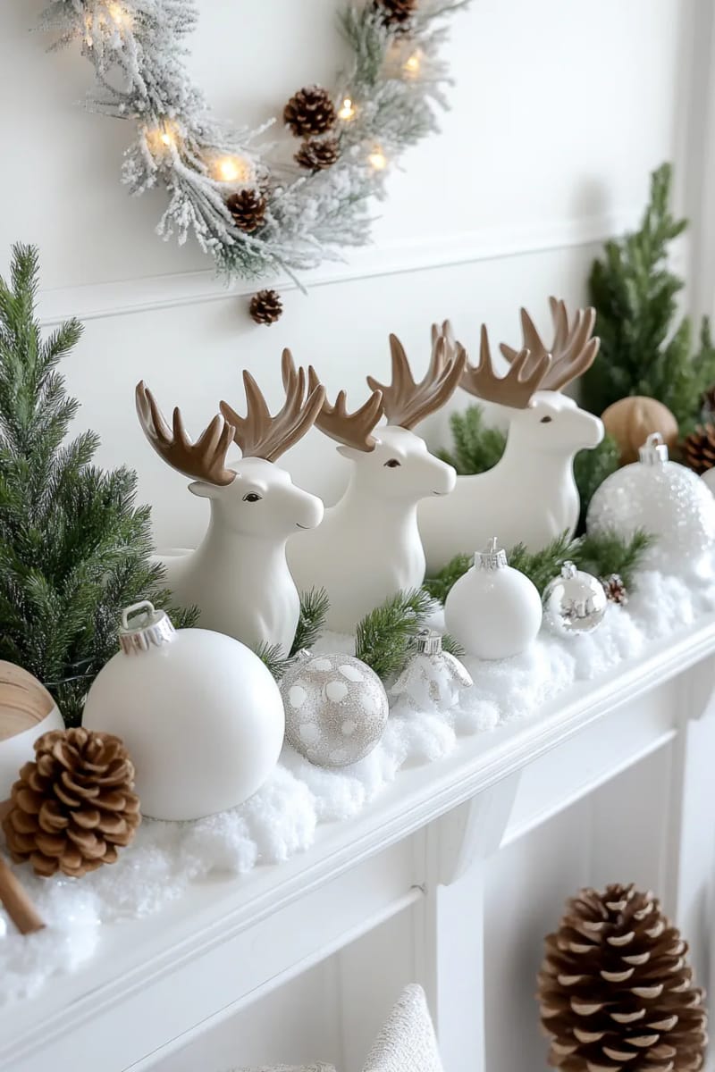 white ceramic moose figurines perched on a snowy mantel display 1