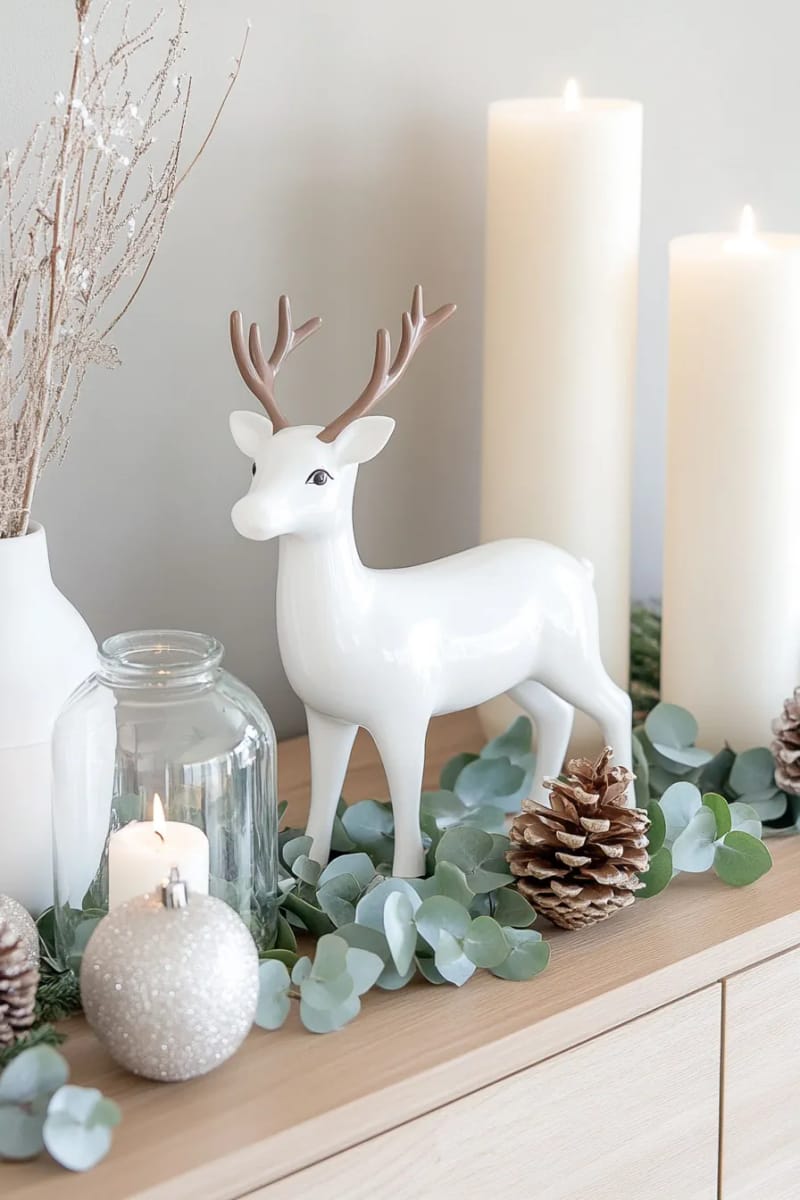 white ceramic reindeer paired with eucalyptus sprigs on the sideboard 1
