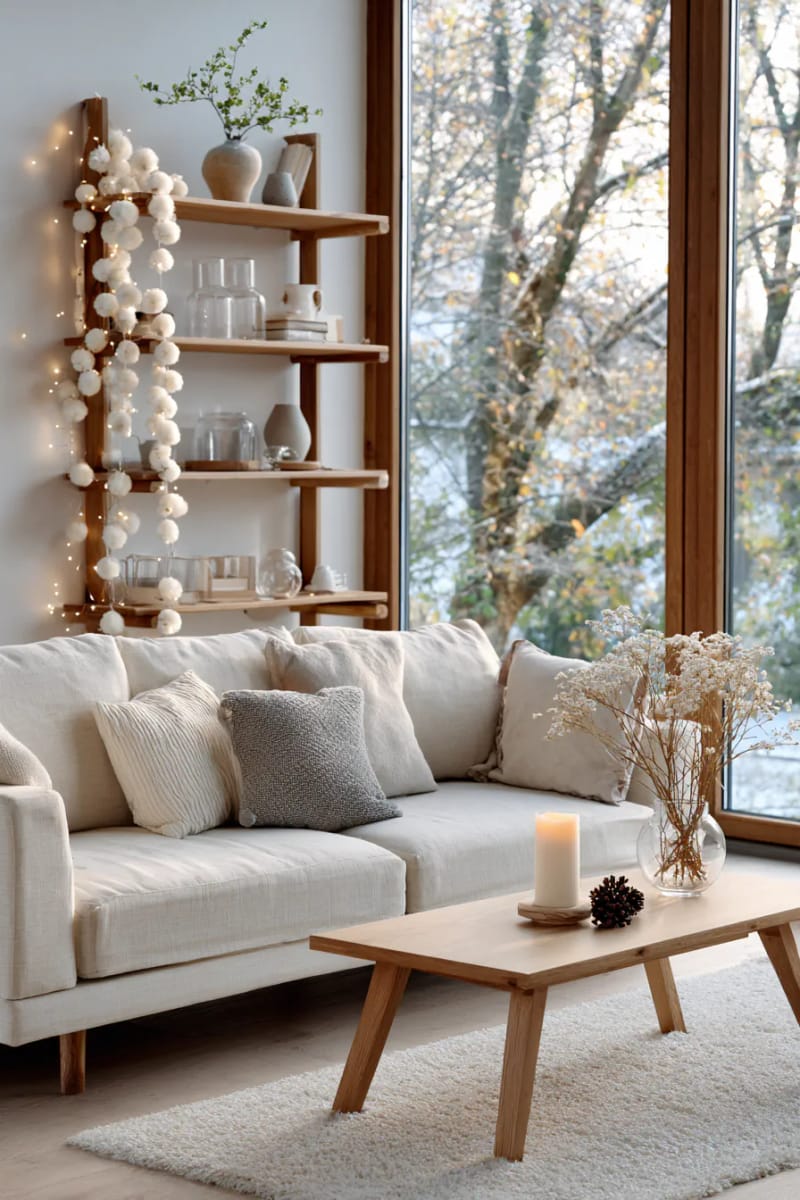 31 Elegant Minimalist Christmas Decor Ideas to Inspire 53 white felt ball garland draped over open shelving 1