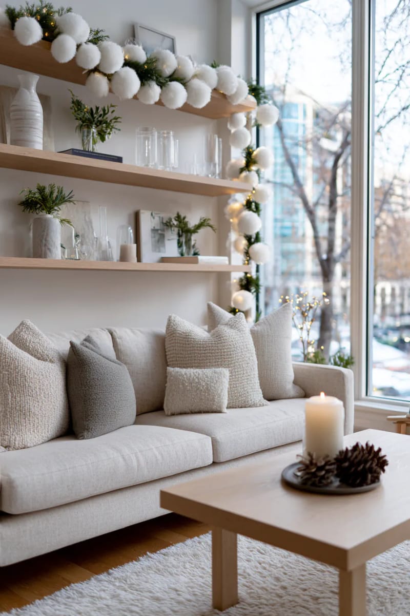 31 Elegant Minimalist Christmas Decor Ideas to Inspire 54 white felt ball garland draped over open shelving 1