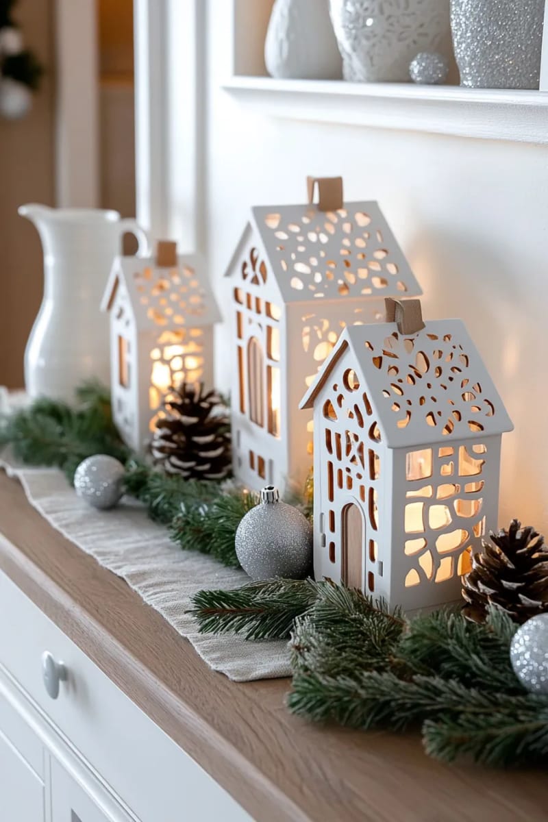white gingerbread house lanterns glowing softly on a sideboard 1