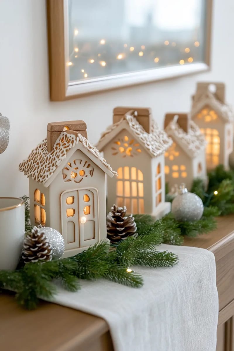 white gingerbread house lanterns glowing softly on a sideboard 1