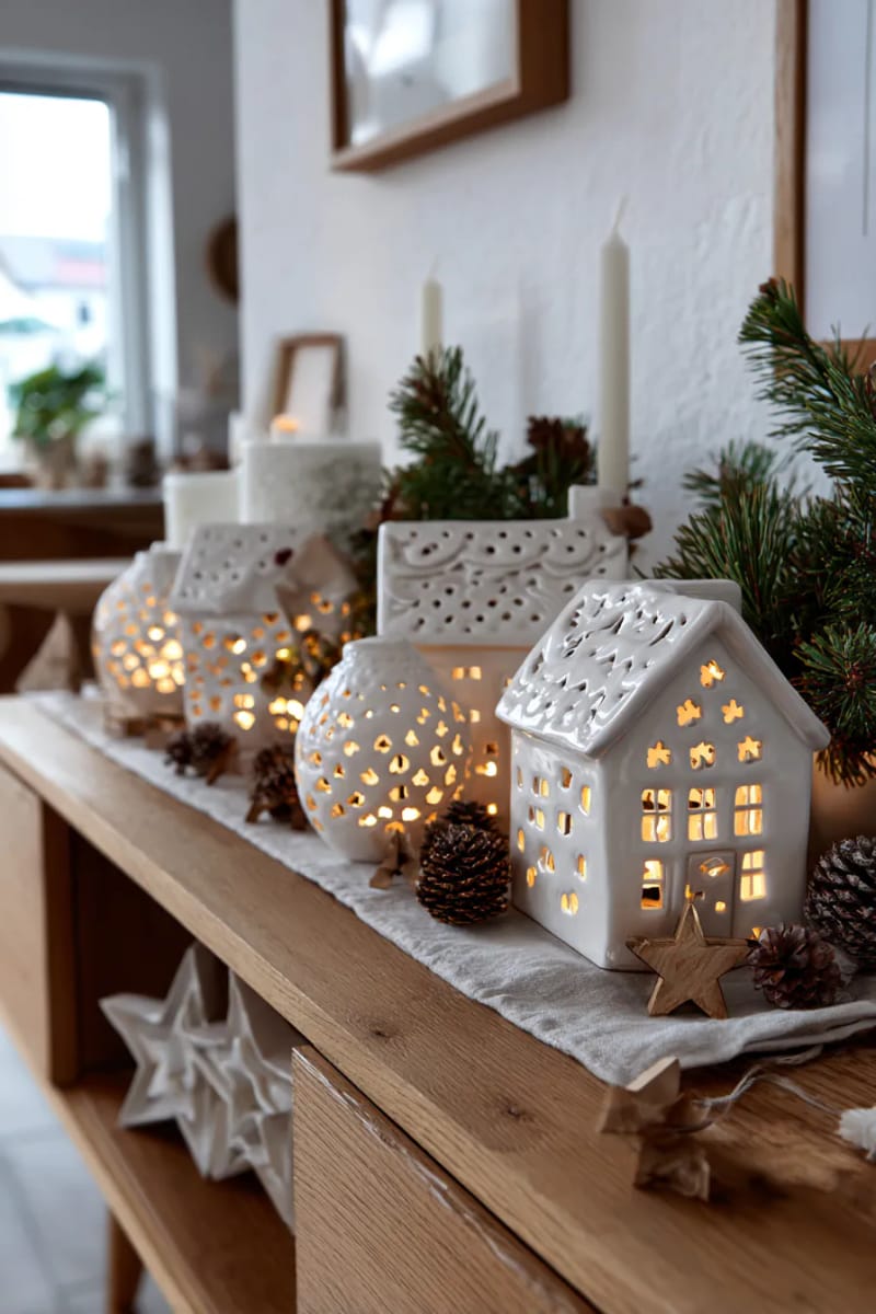 white gingerbread house lanterns glowing softly on a sideboard 1
