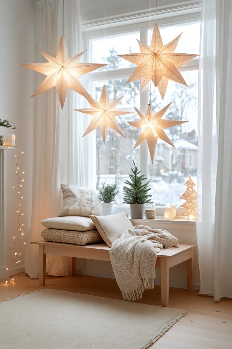 25 Tasteful Christmas Decor Ideas for a Cozy Holiday Home 76 white paper star lanterns hung at different heights in a window 1