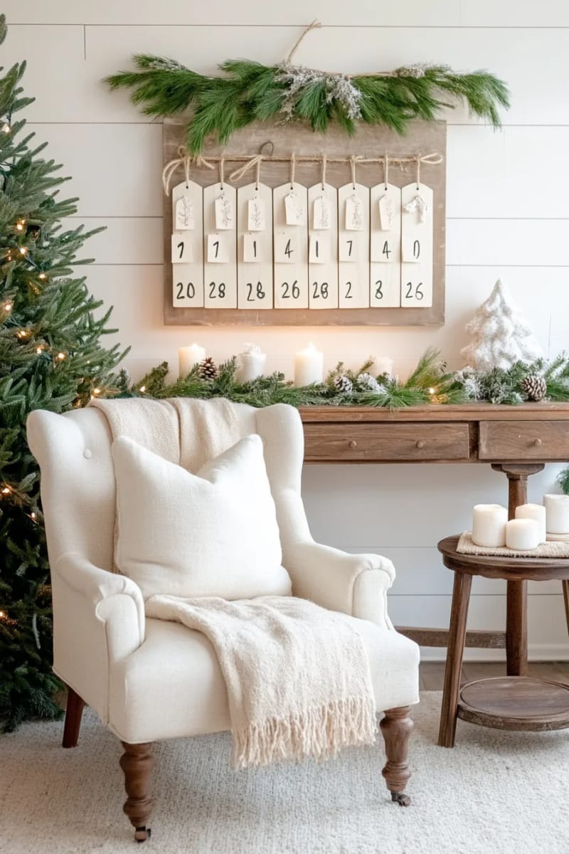 whitewashed wooden advent calendar with simple numbered tags 1