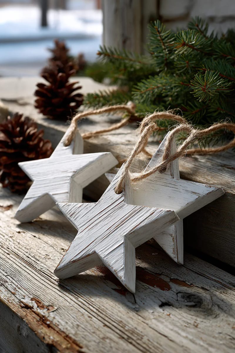whitewashed wooden stars with jute twine hangers 1