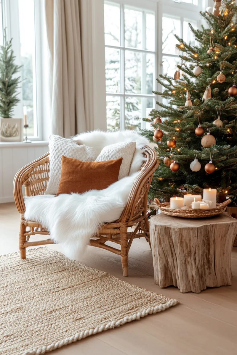 wicker armchair with faux fur throw beside a low-energy led-lit tree 1