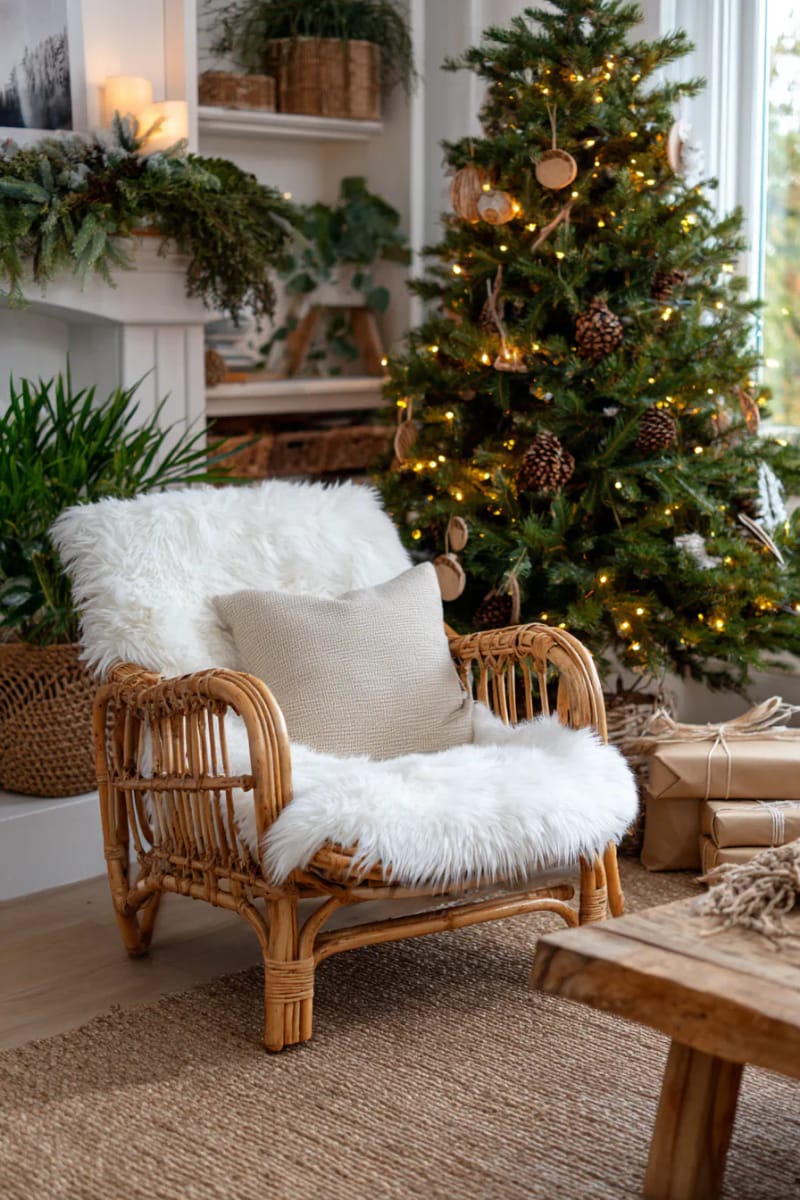 wicker armchair with faux fur throw beside a low-energy led-lit tree 1
