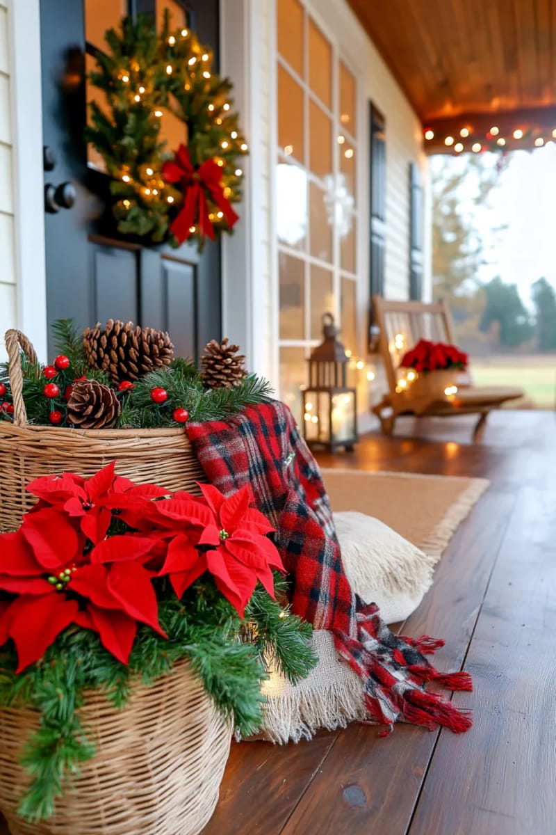 27 Rustic Christmas Decoration Ideas For Your Farmhouse 44 wicker baskets overflowing with pinecones and red berries 1