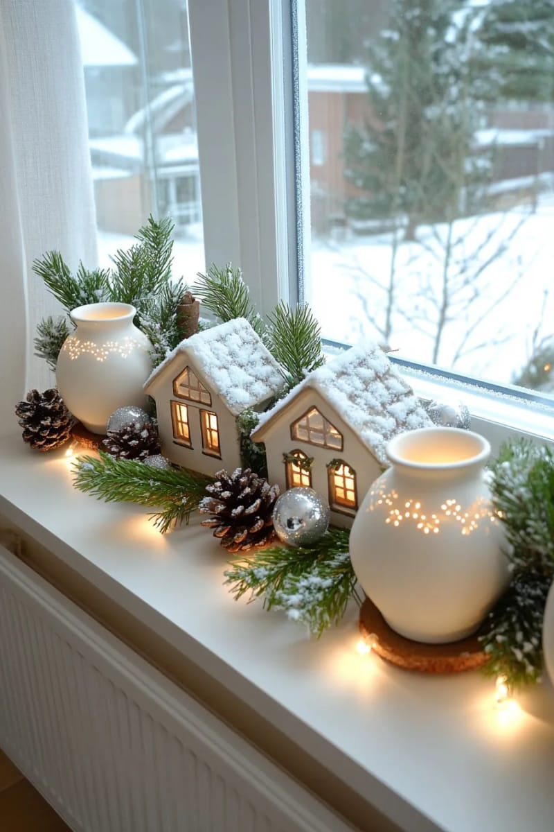 window sill display of white ceramic cottages glowing with fairy lights 1