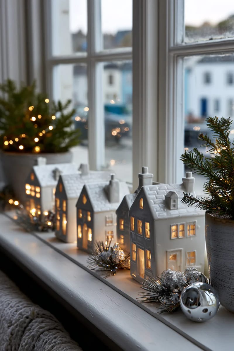 window sill display of white ceramic cottages glowing with fairy lights 1