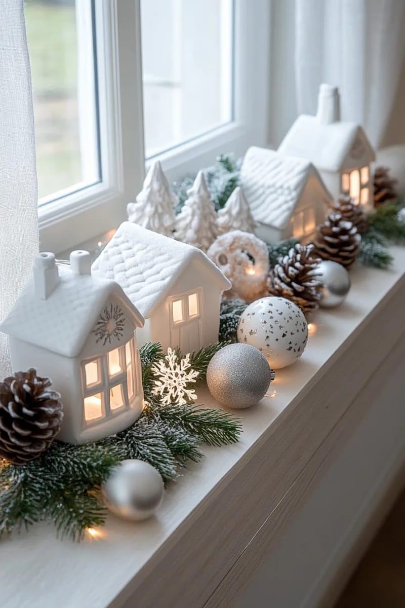 window sill display of white ceramic cottages glowing with fairy lights 1
