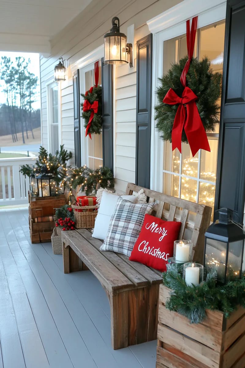 window wreaths made from thrifted greenery and big red bows 1