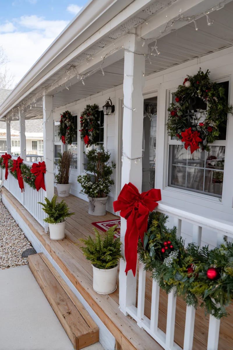 window wreaths made from thrifted greenery and big red bows 1