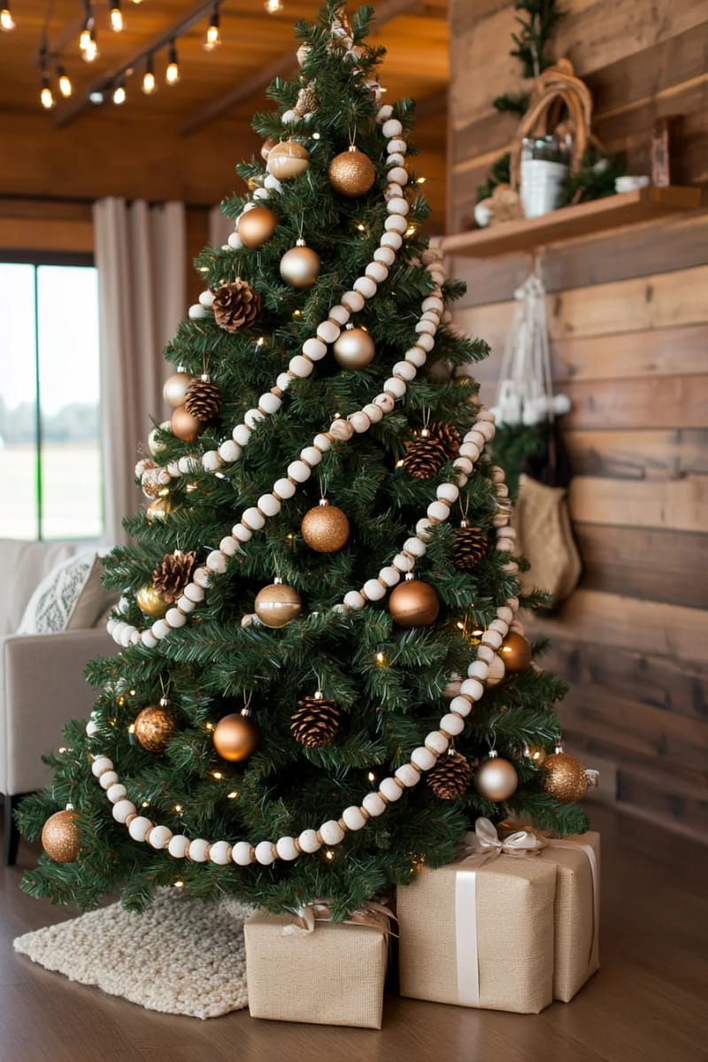 wooden bead garlands draped across a rustic christmas tree 1