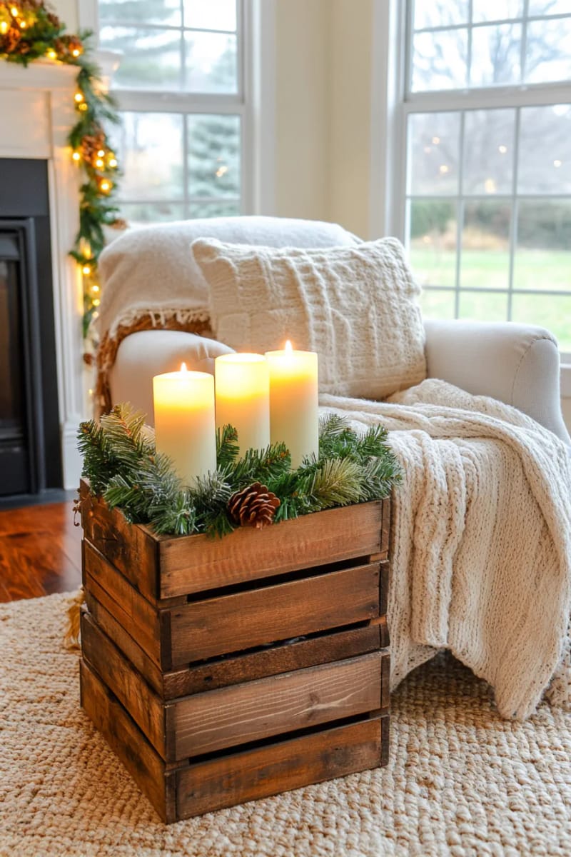 27 Rustic Christmas Decoration Ideas For Your Farmhouse 90 wooden crate display stacked with candles and fir sprigs 1