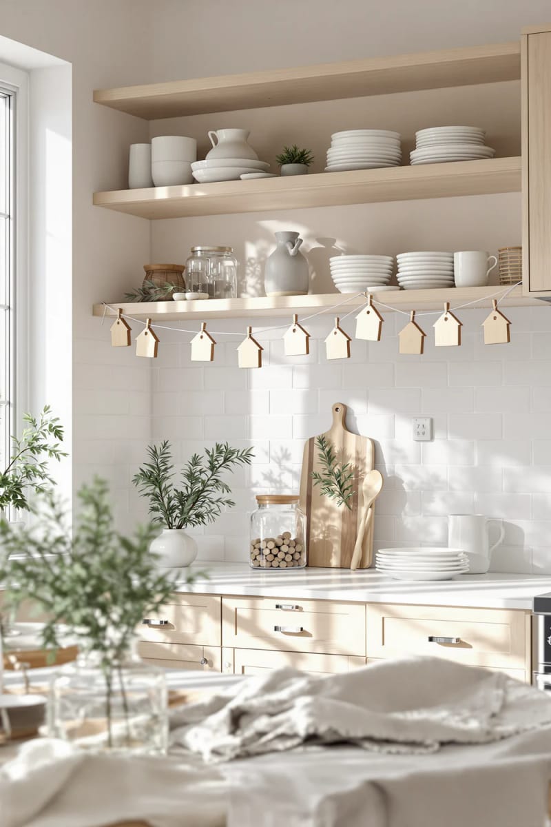 wooden house silhouette garlands strung along a scandinavian kitchen 1