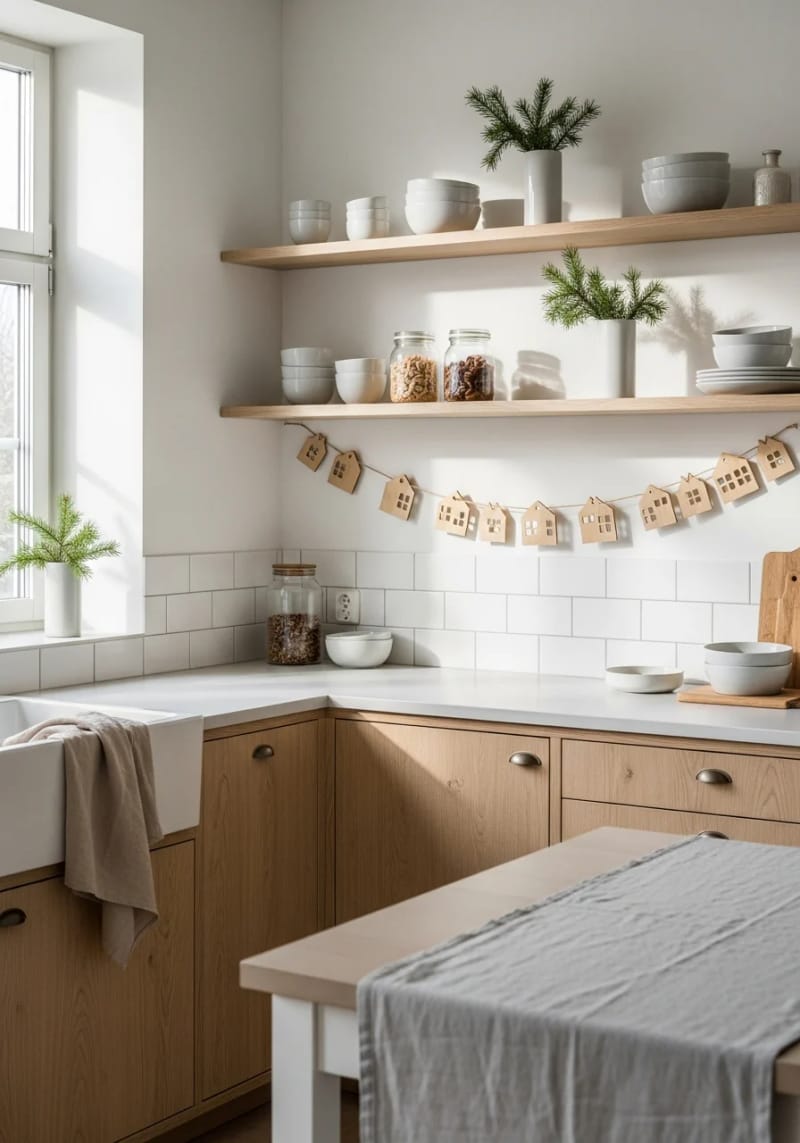 wooden house silhouette garlands strung along a scandinavian kitchen 1