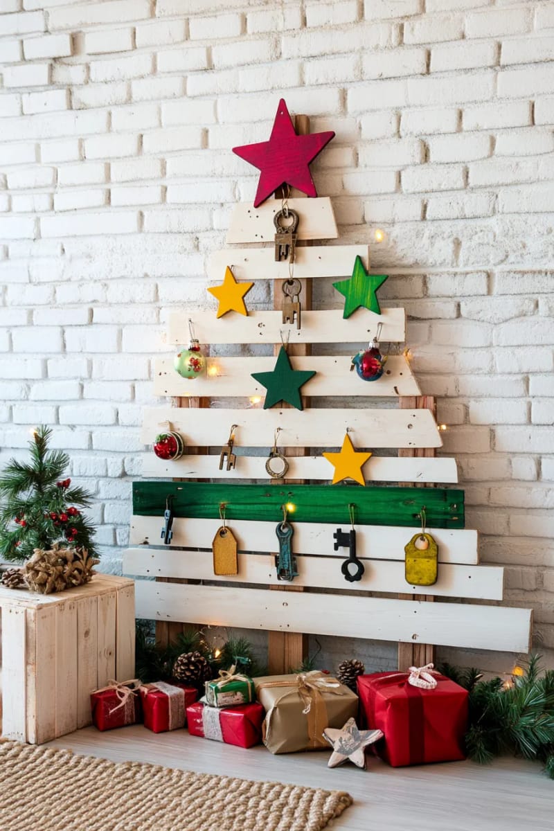 29 Upcycled Christmas Crafts For Unique Holiday DIY Projects 13 wooden pallet christmas tree decorated with mismatched upcycled ornaments 1