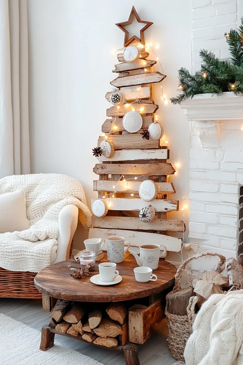 29 Upcycled Christmas Crafts For Unique Holiday DIY Projects 14 wooden pallet christmas tree decorated with mismatched upcycled ornaments 1