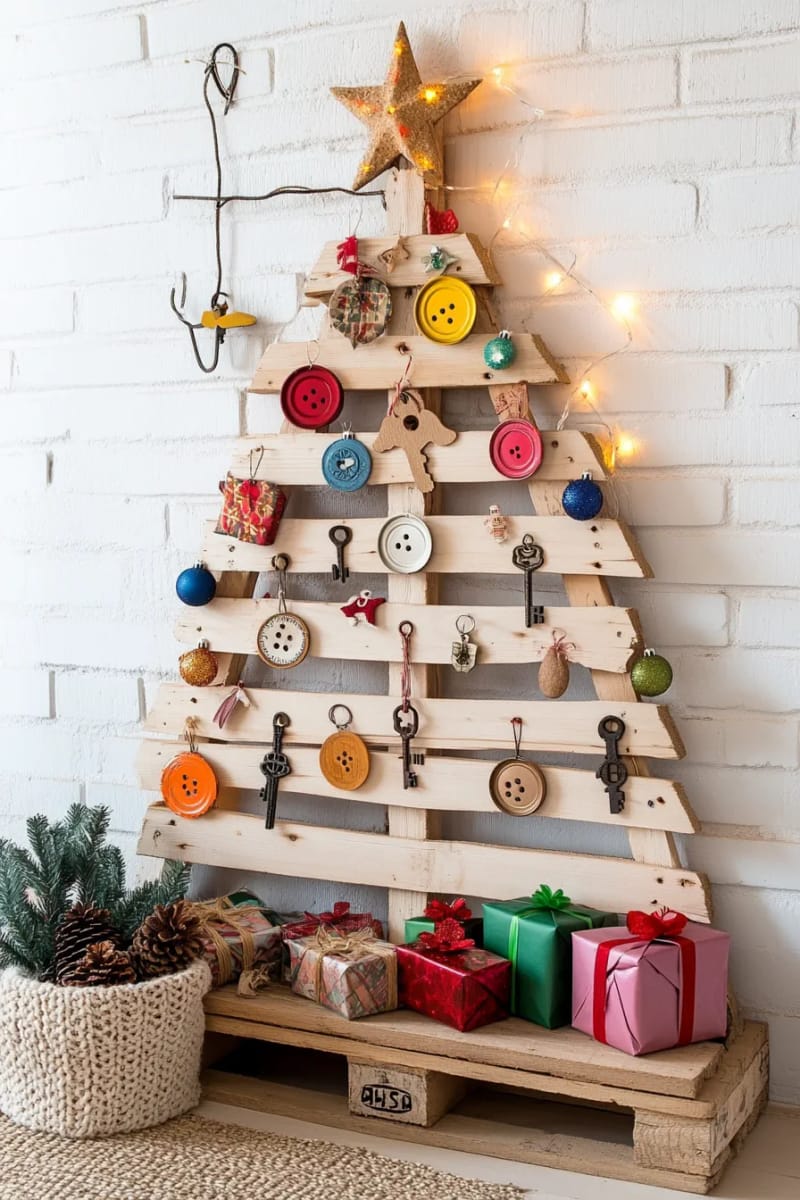 29 Upcycled Christmas Crafts For Unique Holiday DIY Projects 15 wooden pallet christmas tree decorated with mismatched upcycled ornaments 1