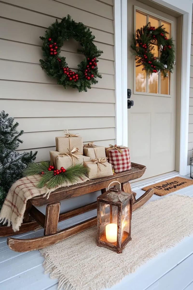 15 Cozy Rustic Christmas Porch Ideas for Country Charm 11 wooden sled propped beside the door with jute-wrapped gifts and holly sprigs 1