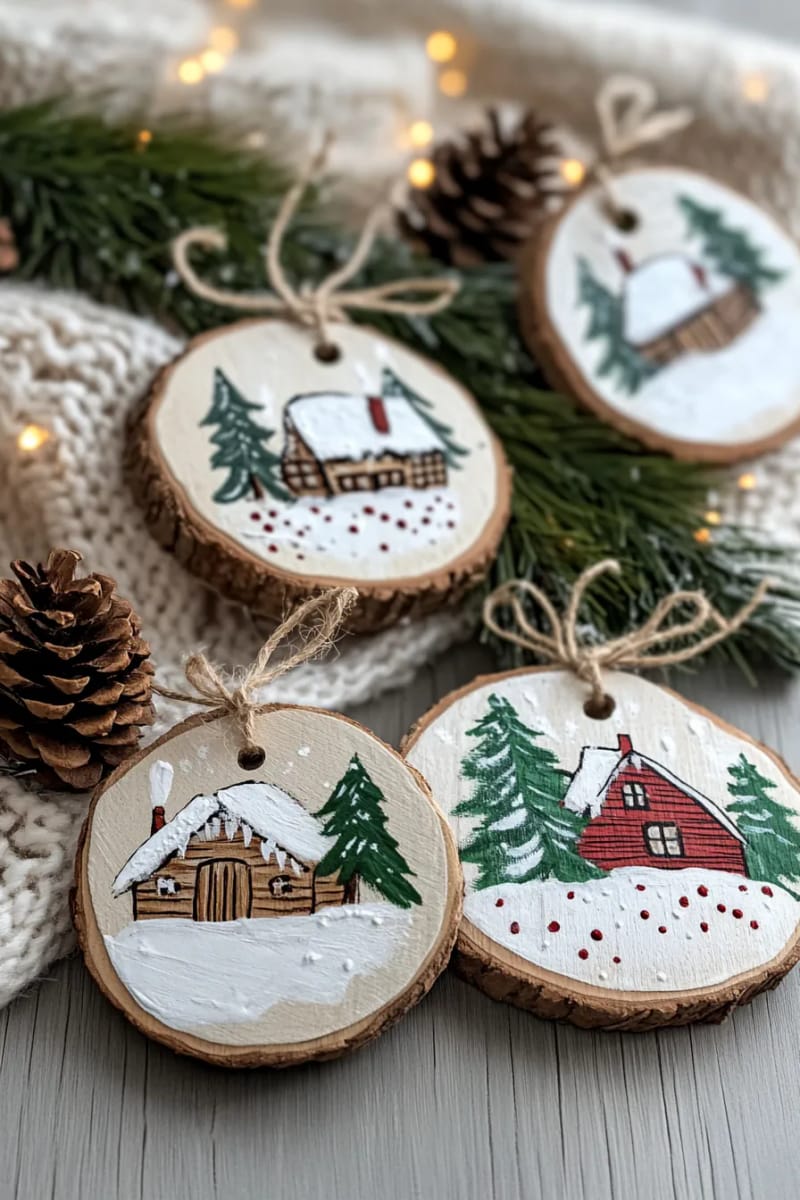 27 Rustic Christmas Decoration Ideas For Your Farmhouse 9 wooden slice ornaments painted with winter cabin scenes 1