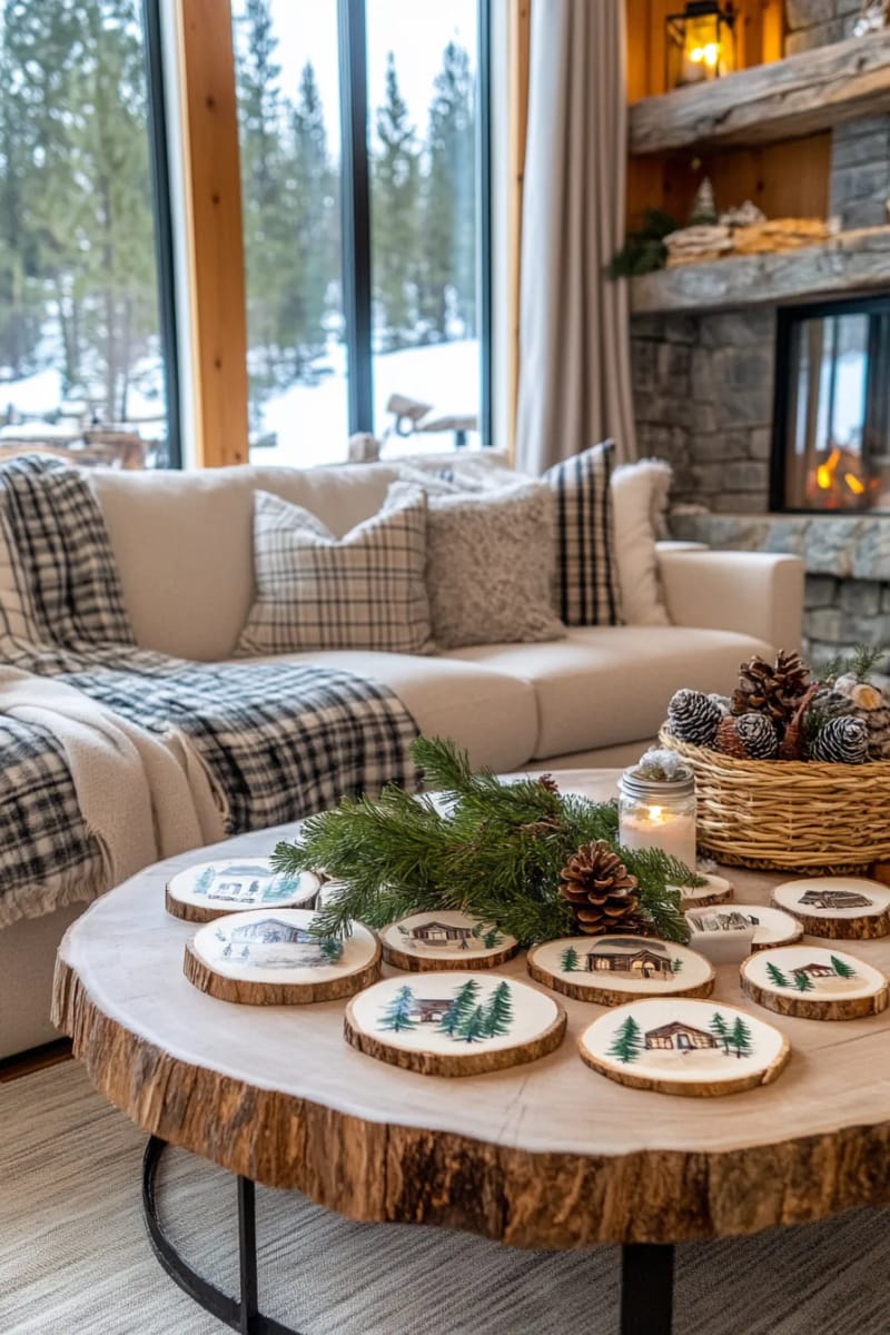 27 Rustic Christmas Decoration Ideas For Your Farmhouse 10 wooden slice ornaments painted with winter cabin scenes 1