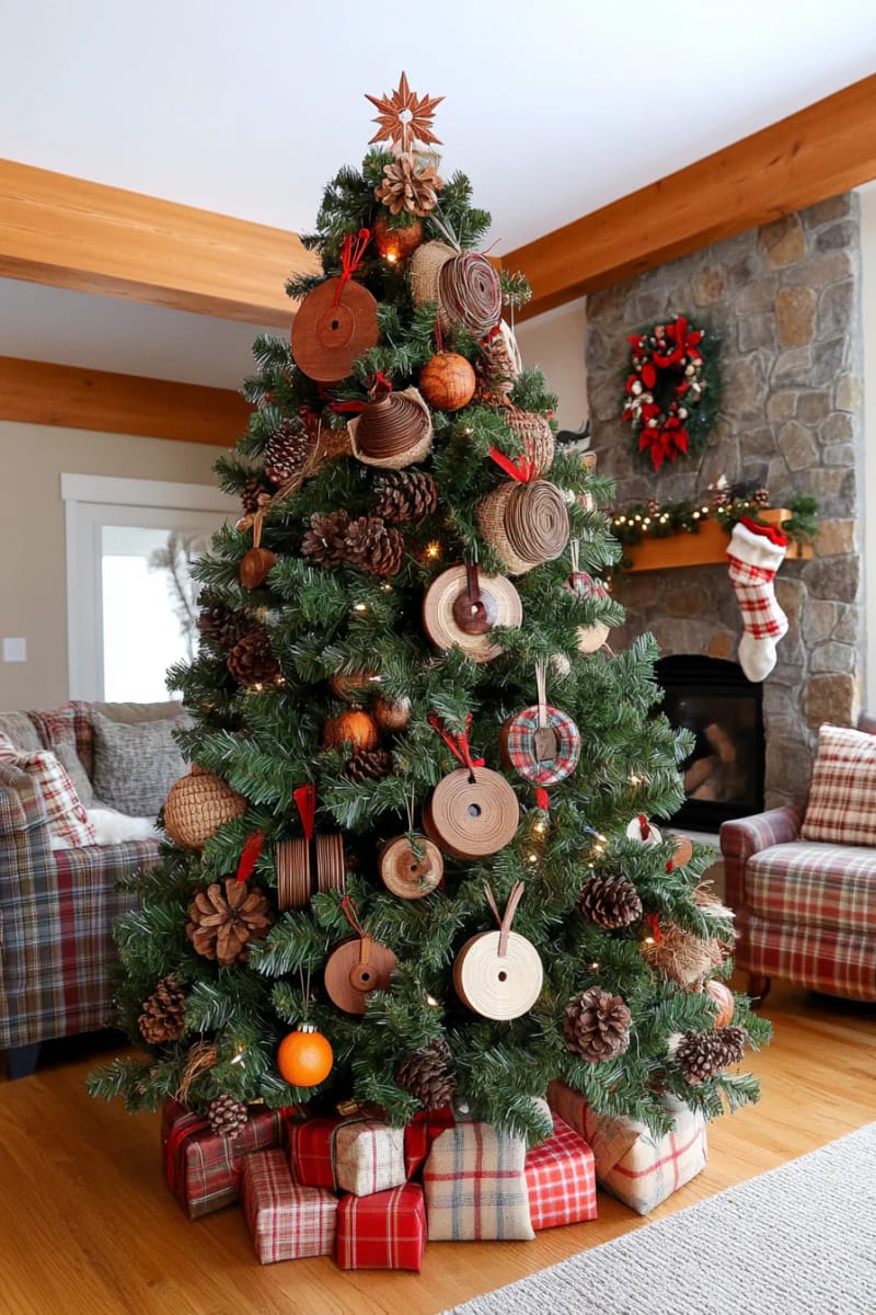 wooden spool ornaments wrapped in plaid fabric scraps 1