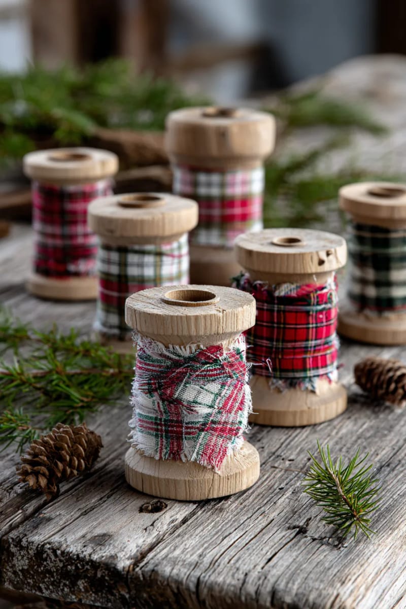 wooden spool ornaments wrapped in plaid fabric scraps 1