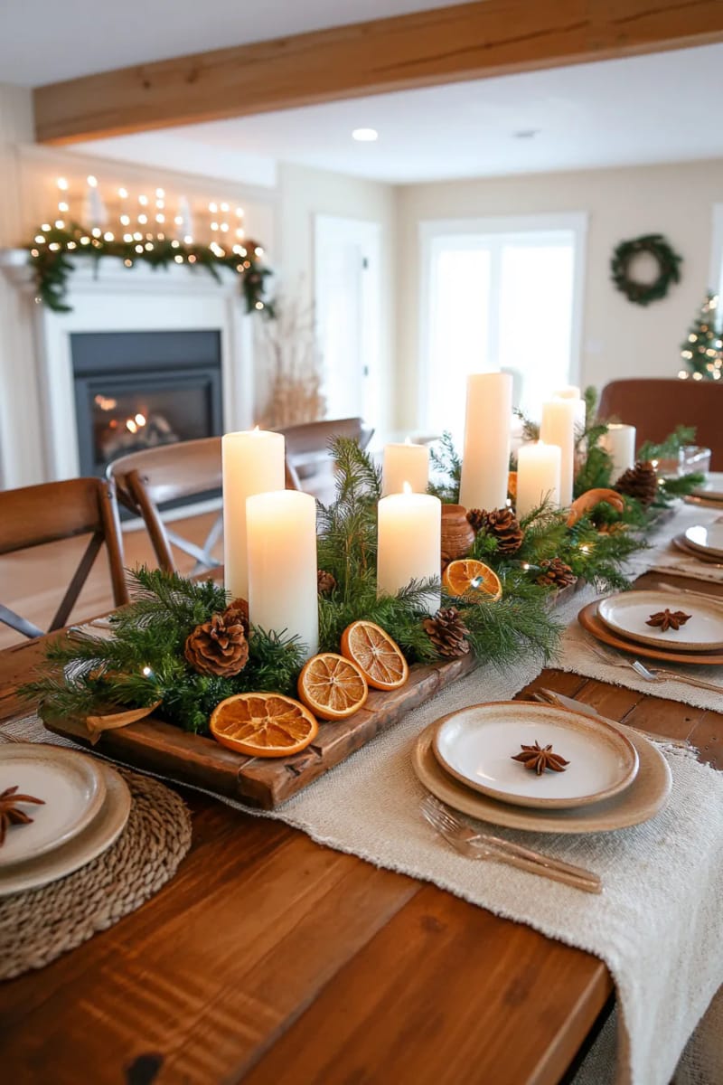 wooden tray centerpiece with candles, moss, and dried oranges 1