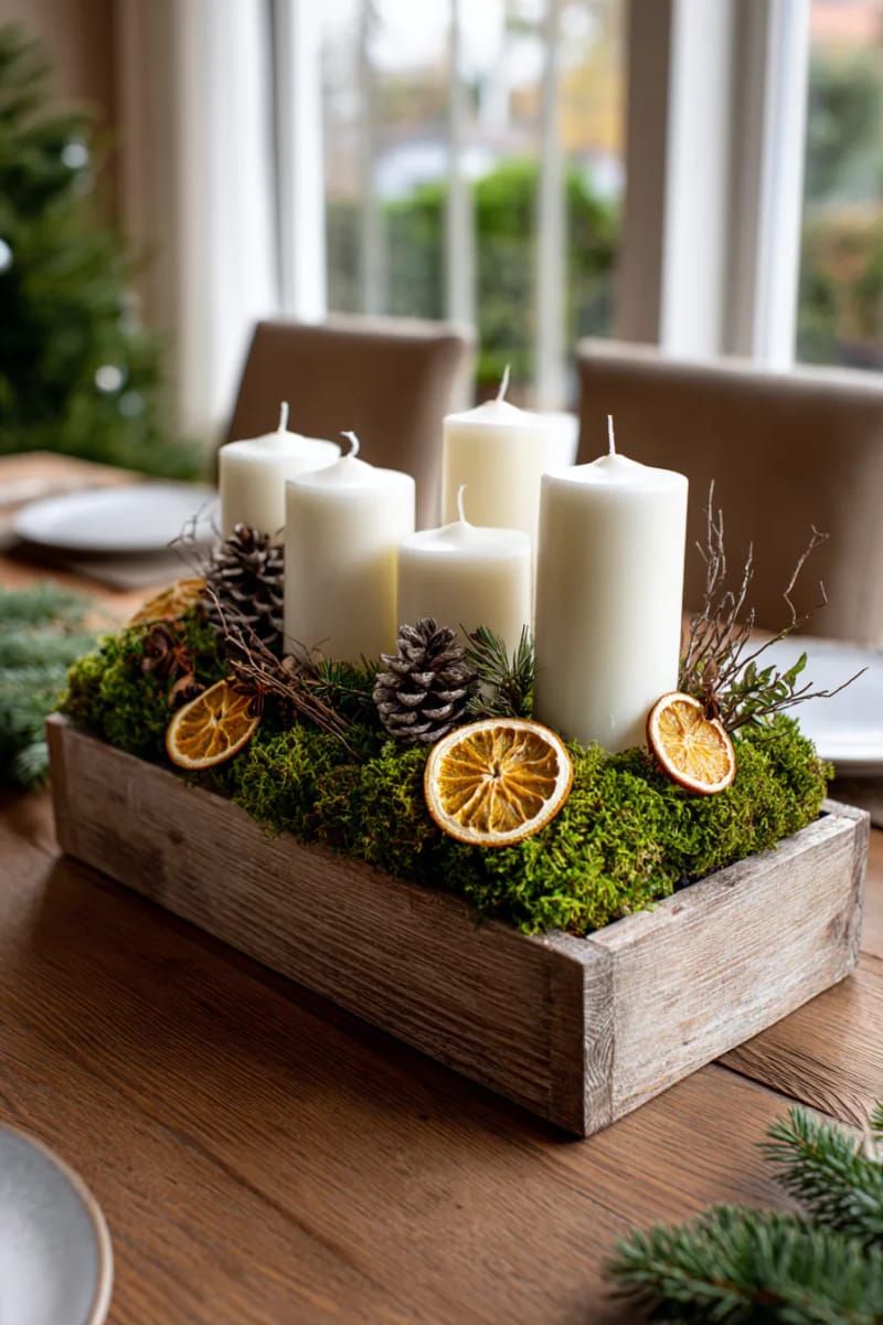 wooden tray centerpiece with candles, moss, and dried oranges 1