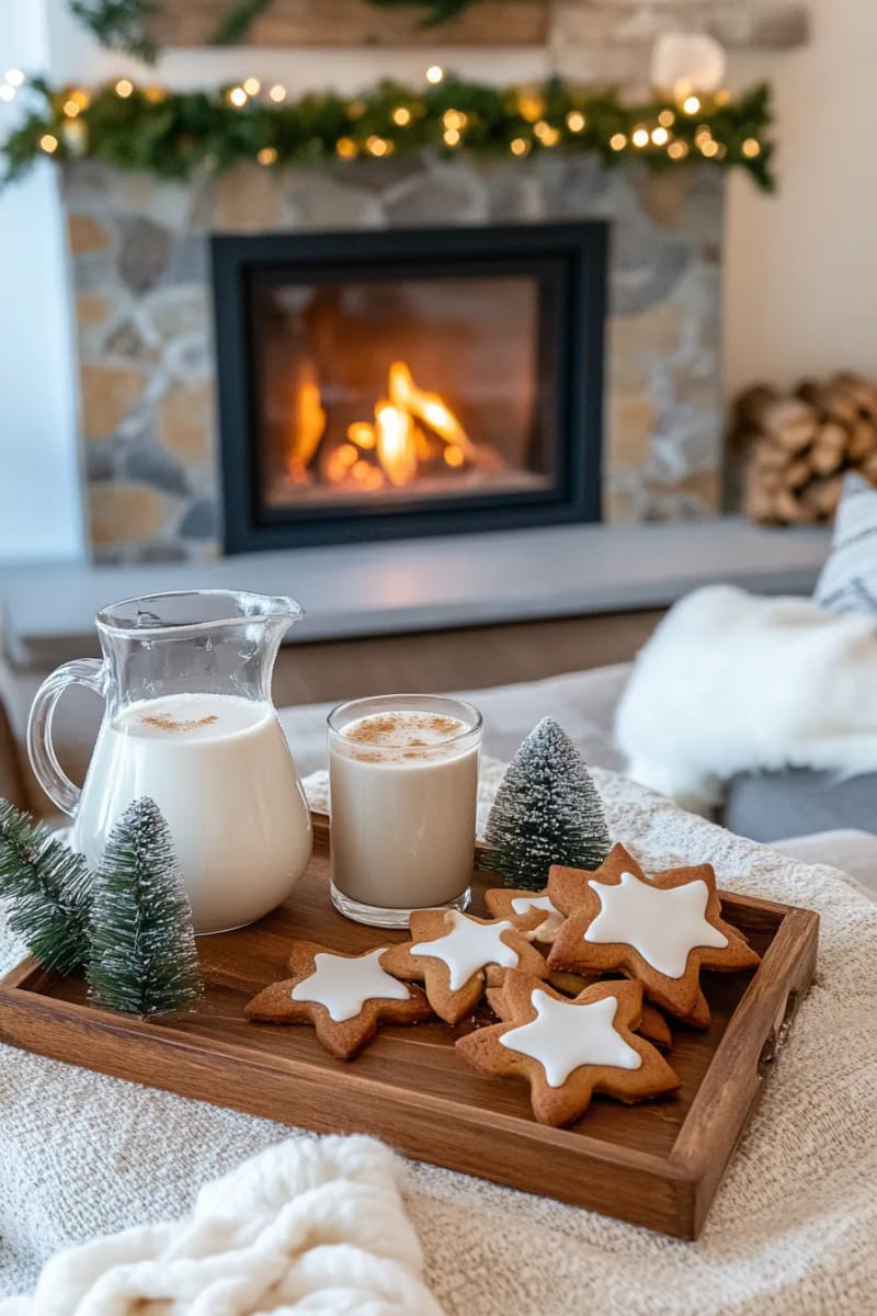 wooden tray with vegan gingerbread cookies and plant-based eggnog by the fire 1
