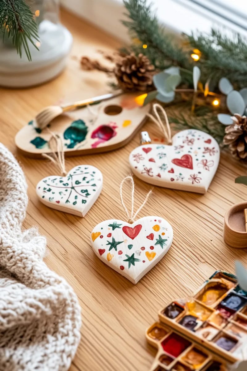 wooden tree ornaments painted with watercolor-inspired designs 1