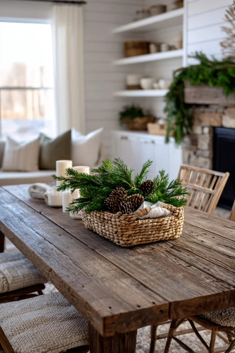 31 Elegant Minimalist Christmas Decor Ideas to Inspire 25 woven basket centerpiece filled with fresh evergreen clippings 1