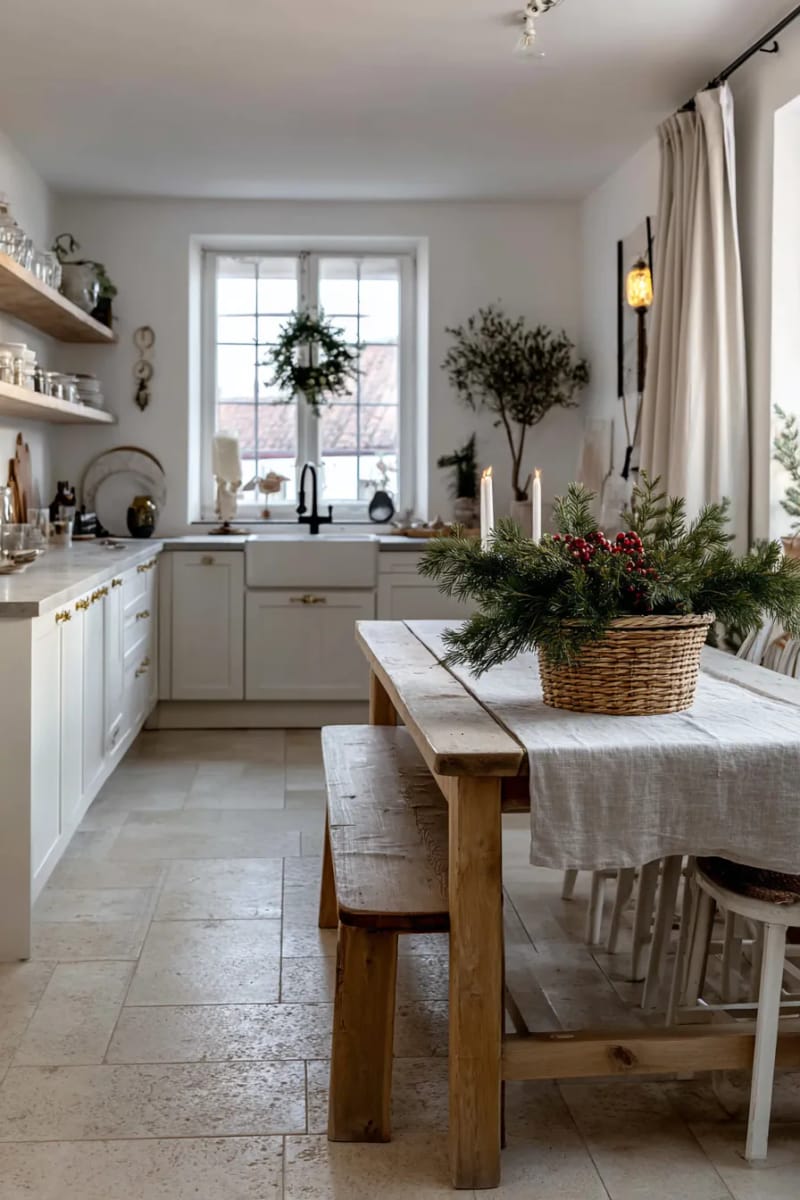 31 Elegant Minimalist Christmas Decor Ideas to Inspire 26 woven basket centerpiece filled with fresh evergreen clippings 1