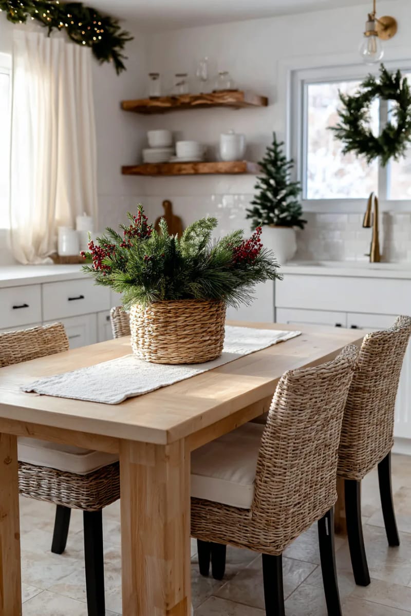 31 Elegant Minimalist Christmas Decor Ideas to Inspire 27 woven basket centerpiece filled with fresh evergreen clippings 1