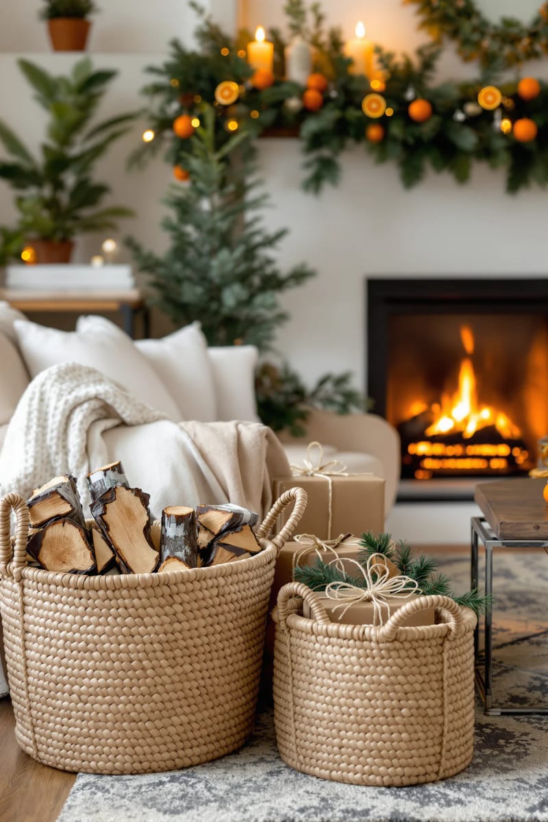 woven baskets holding logs, soft throws, and eco-friendly christmas gifts 1