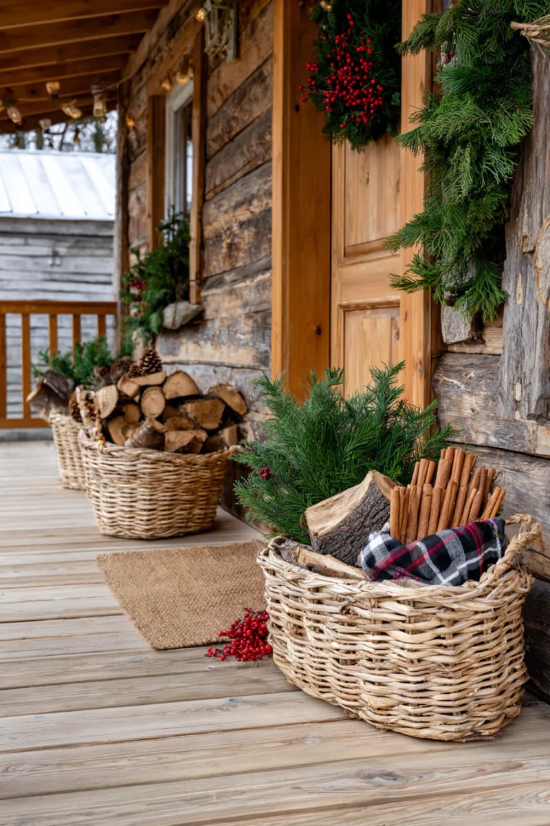15 Cozy Rustic Christmas Porch Ideas for Country Charm 17 woven baskets stacked with firewood, pine branches, and cinnamon sticks 1